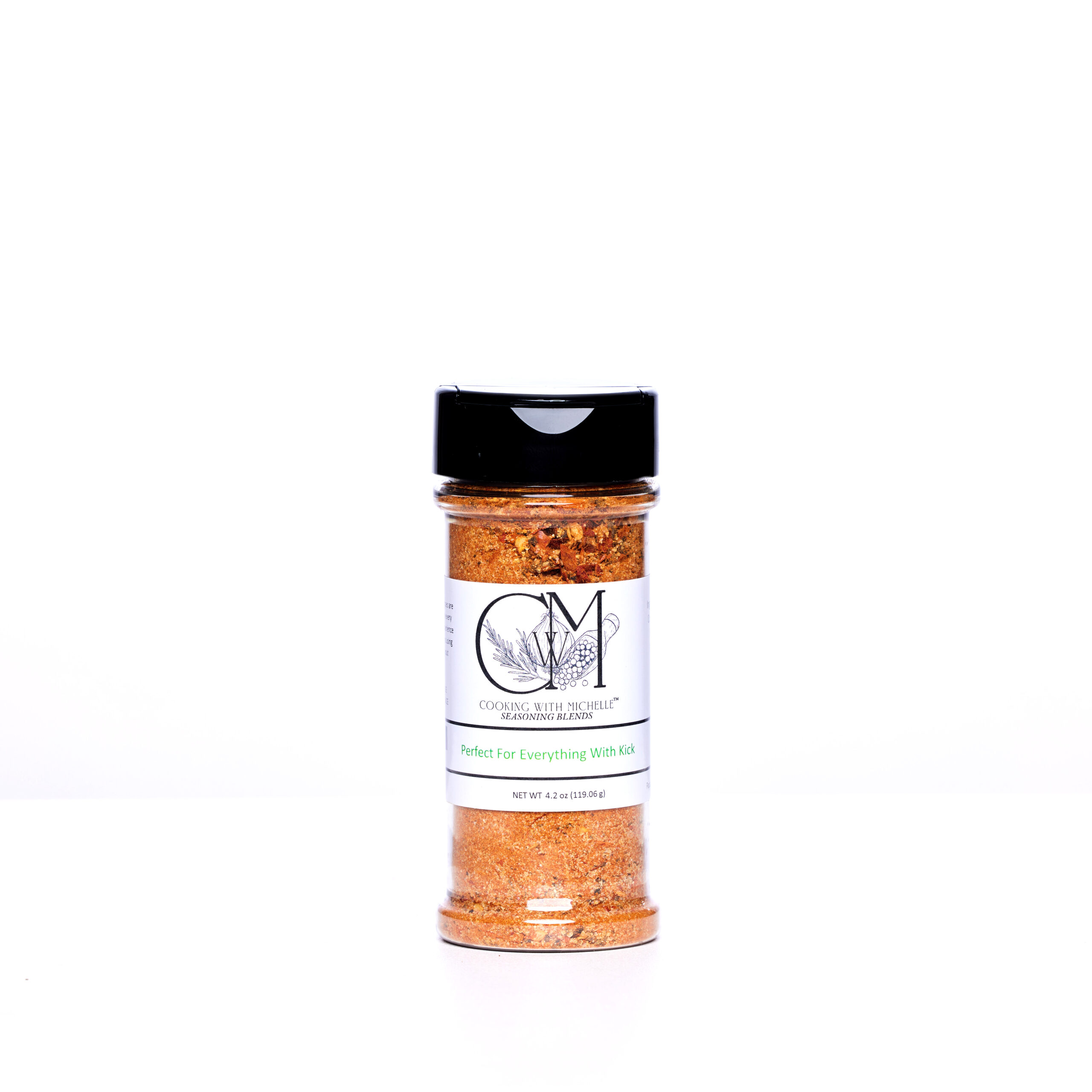 Picture of seasoning blend, on white background, with black top, and white label