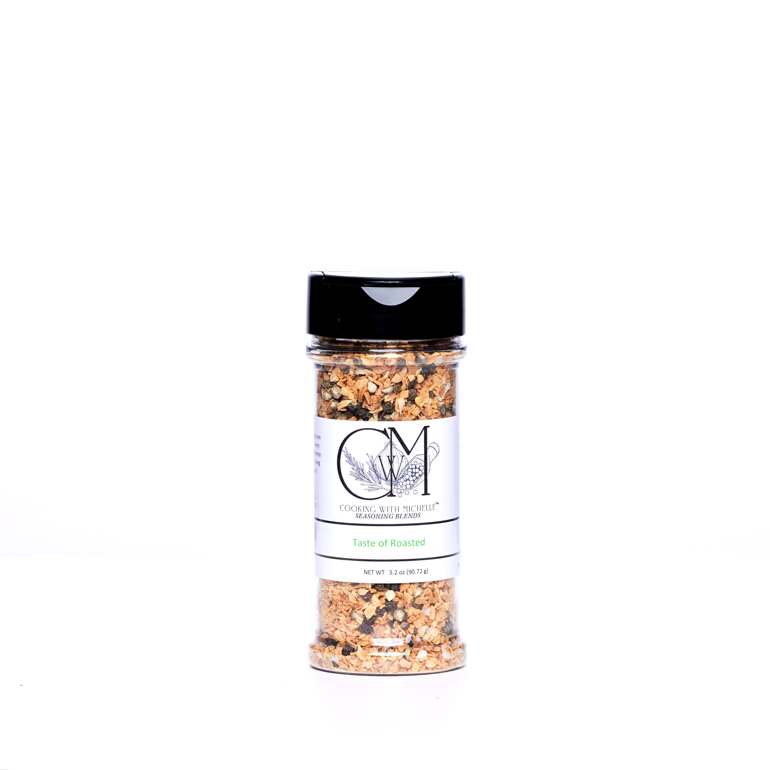 Picture of seasoning blend, on white background, with black top, and white label
