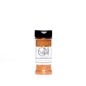 Picture of seasoning blend, on white background, with black top, and white label