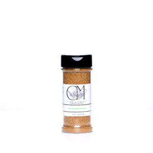 Picture of seasoning blend, on white background, with black top, and white label