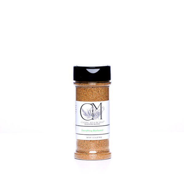 Picture of seasoning blend, on white background, with black top, and white label